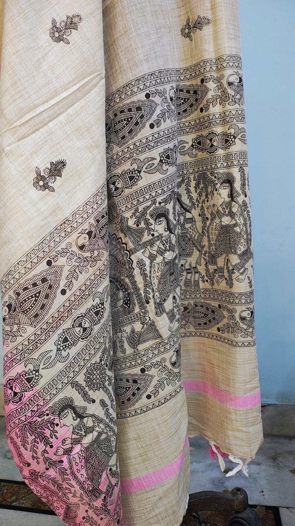 Hand Painted Madhubani Tussar Ghicha Silk Dupatta with Pink Border