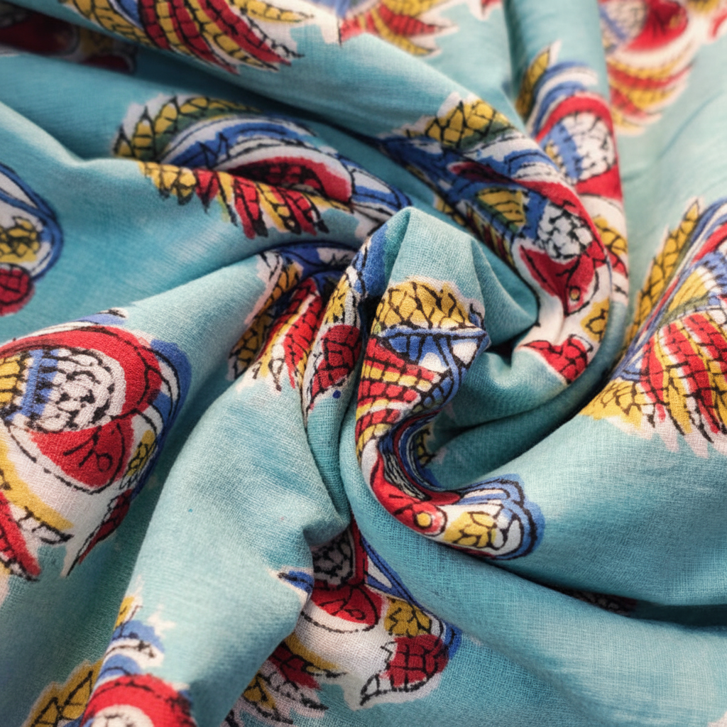 Sanganeri Hand Block Print Cotton Fabric – Sky Blue Floral Print