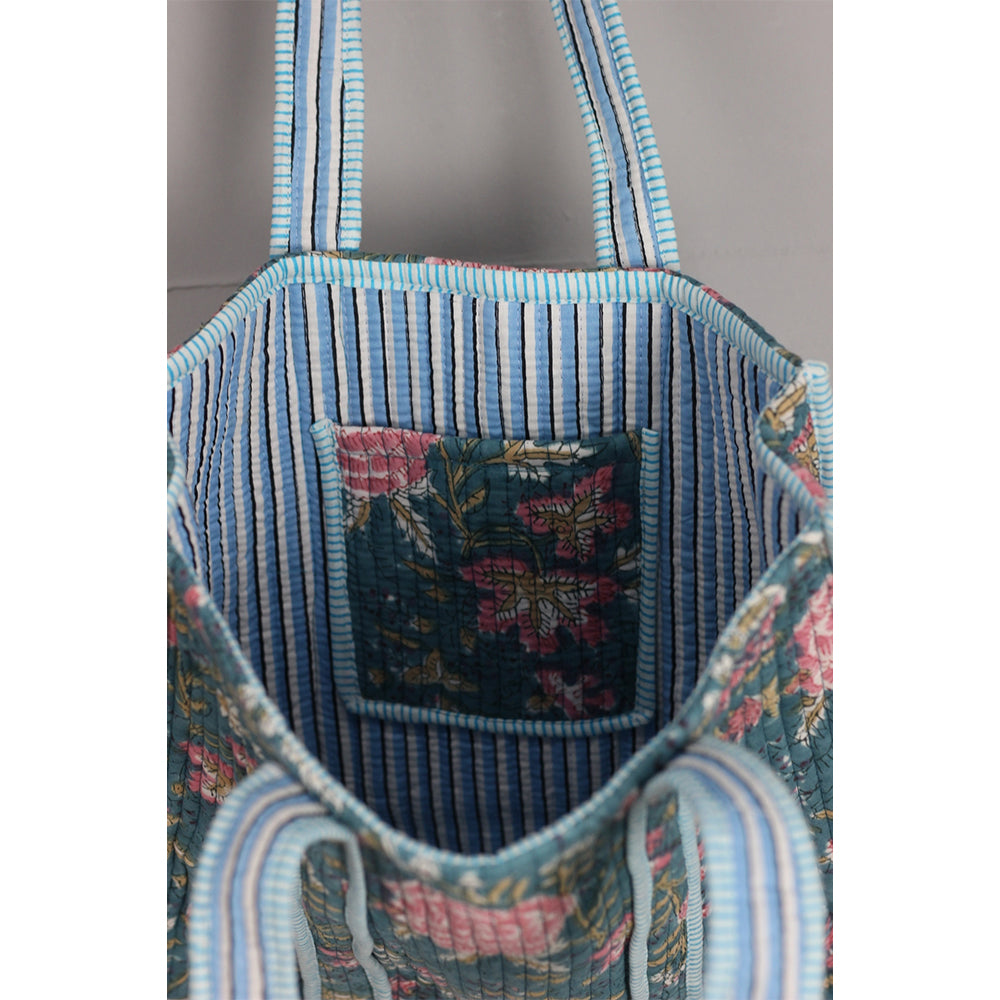 Handmade Block Print Cotton Quilted Tote Bag – Teal Floral