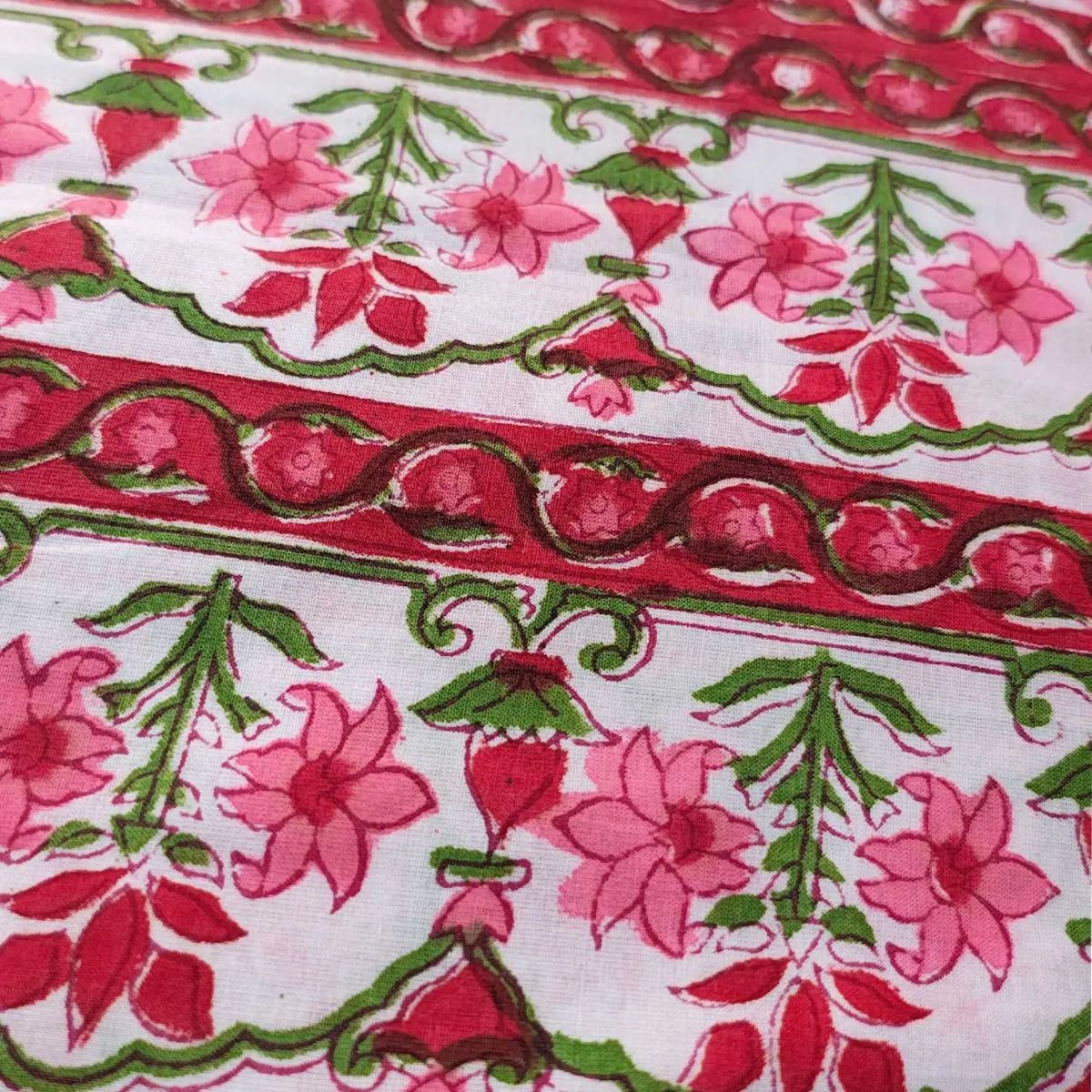 Sanganeri Hand Block Print Cotton Fabric – White And Pink Floral Print