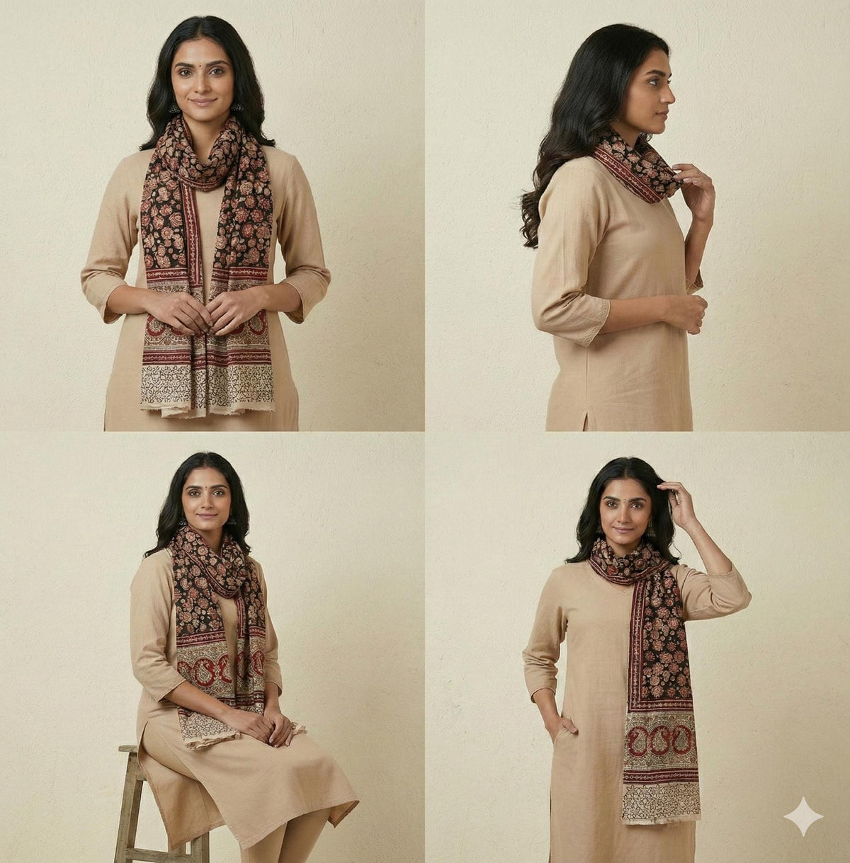 Midnight Bloom Kalamkari Stole - Black & Rust Hand Block Print (120 x 185 cm)