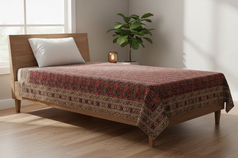 Kalamkari White and Yellow Color - Single Bed Bedsheet (60x90 Inches)