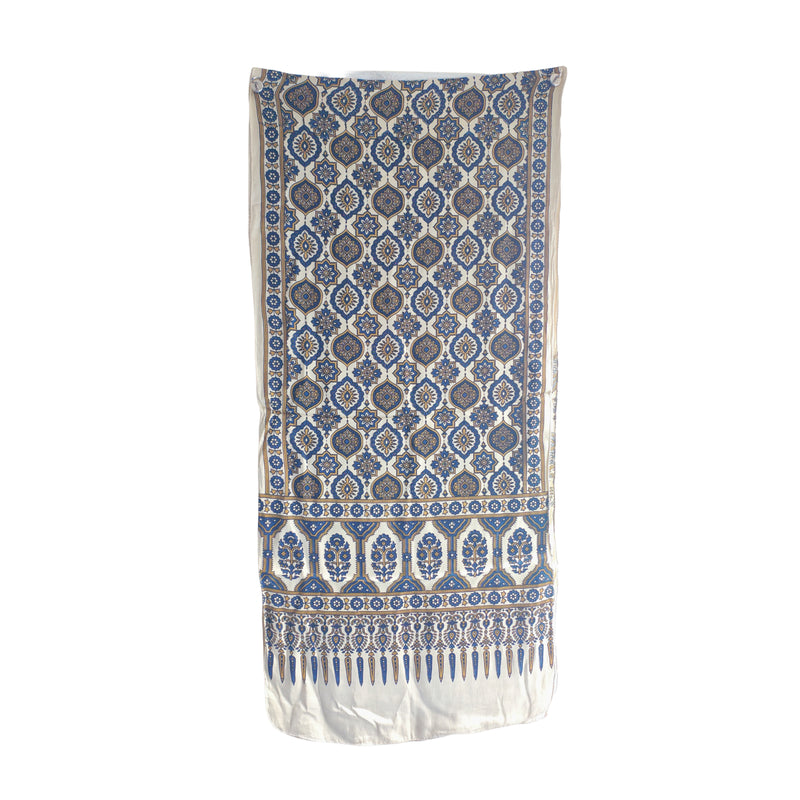 Ajrakh Hand Block Printed Modal Silk Stole – white and Grey Floral, 210x55cm