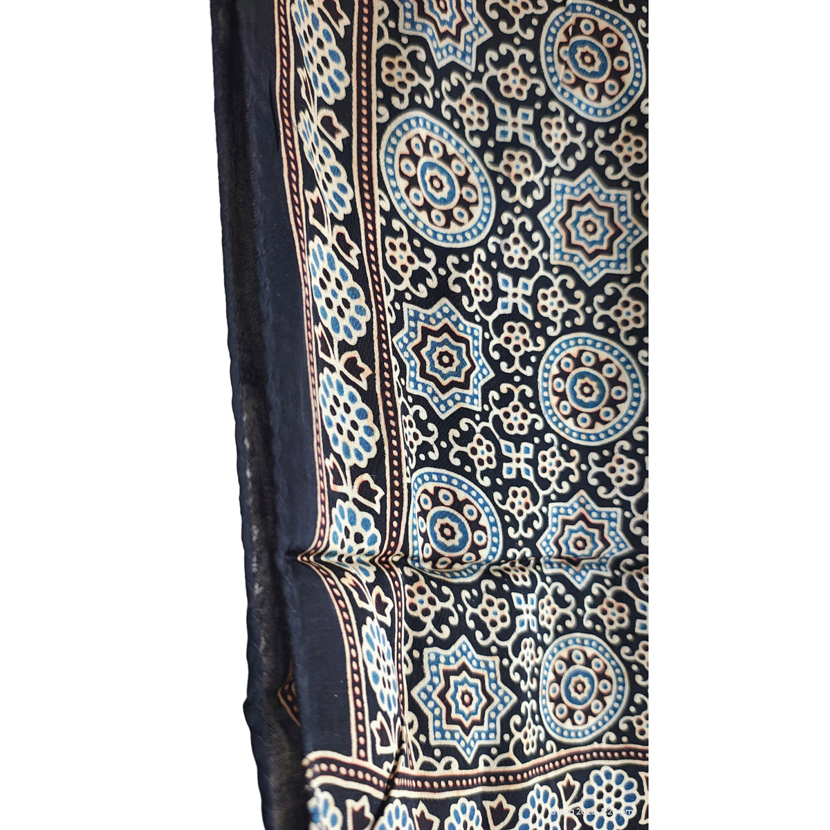 Ajrakh Hand Block Printed Modal Silk Stole – Navy blue Floral, 210x55cm