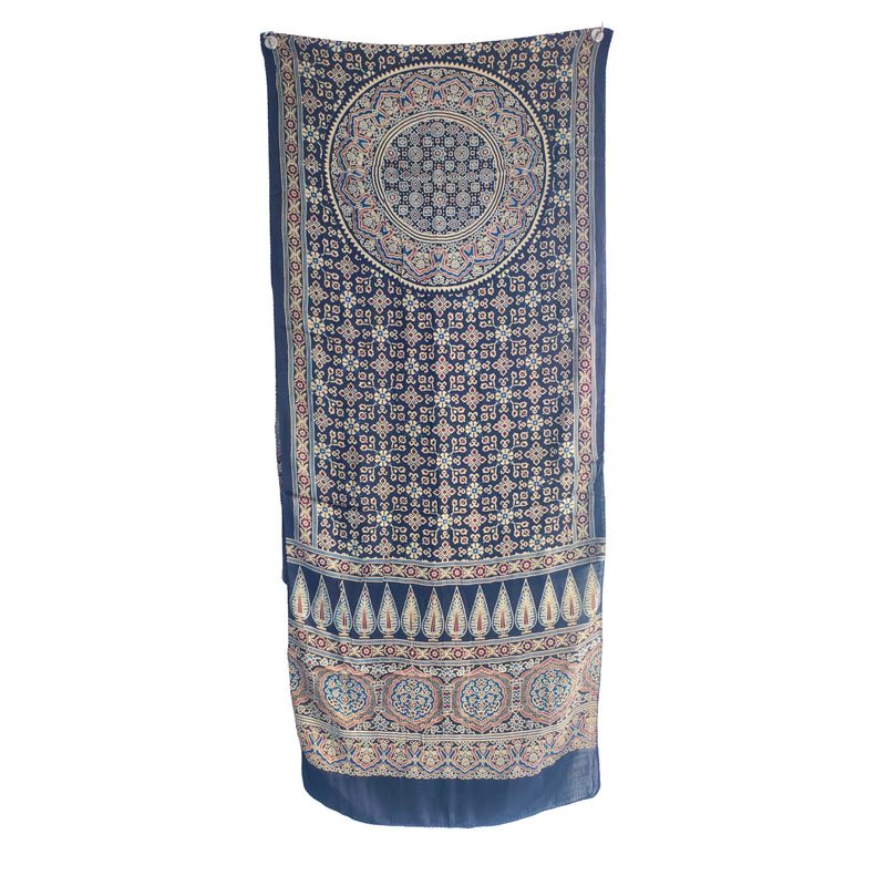 Ajrakh Hand Block Printed Modal Silk Stole – Blue, 210x55cm