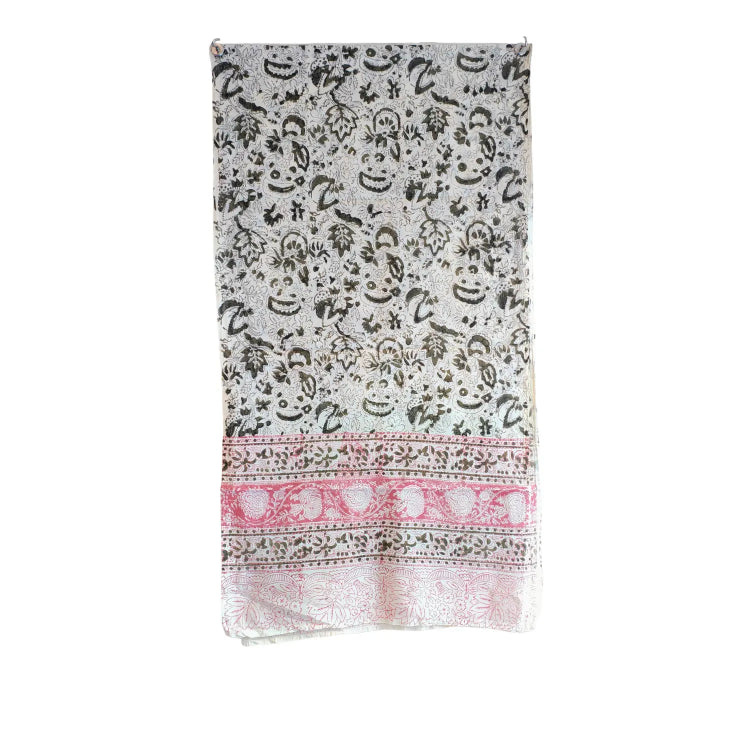Kalamkari Hand Block Printed Modal Silk Stole – Off White & Pink Floral, 210x55cm