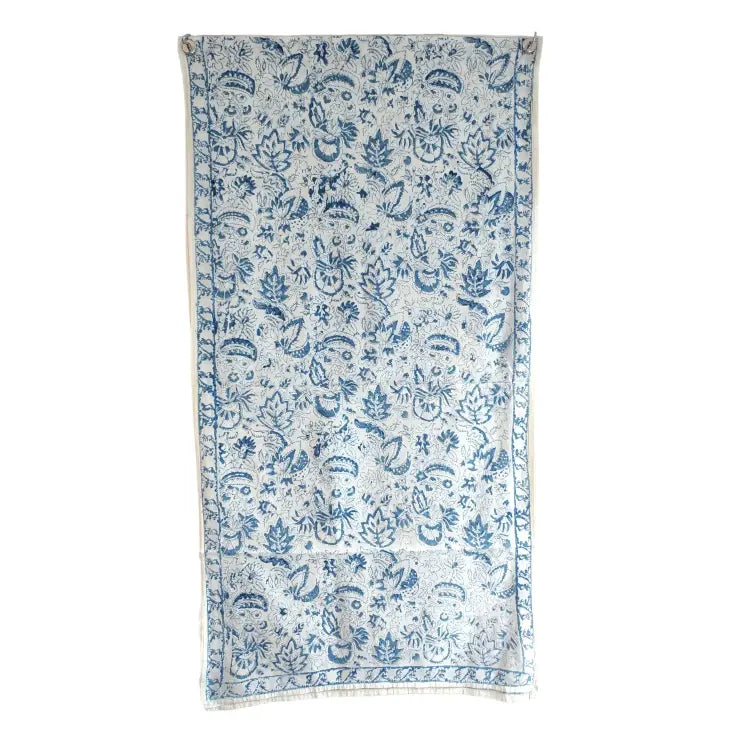 Kalamkari Hand Block Printed Modal Silk Stole – Light Blue Floral Print, 210x55cm