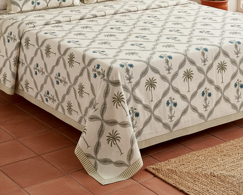Premium Sanganeri Block Print 100% Cotton King Size Bedsheet with 2 Reversible Pillowcases