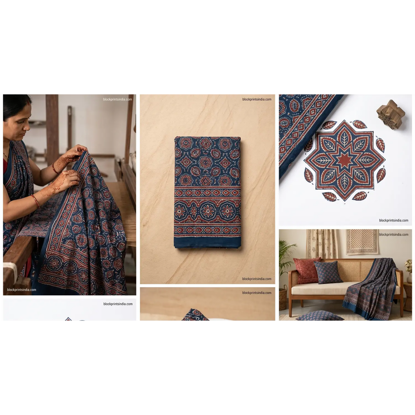 Ethnic Indigo Ajrakh Cotton Fabric with Floral Motifs