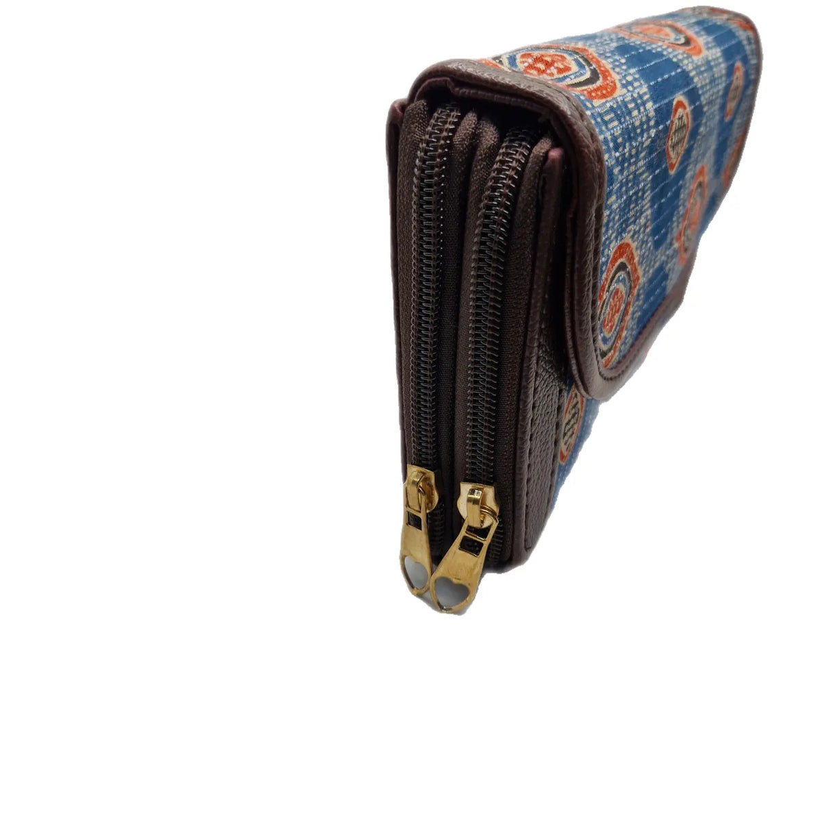 Indigo blue eye motif block print clutch - double zip detail