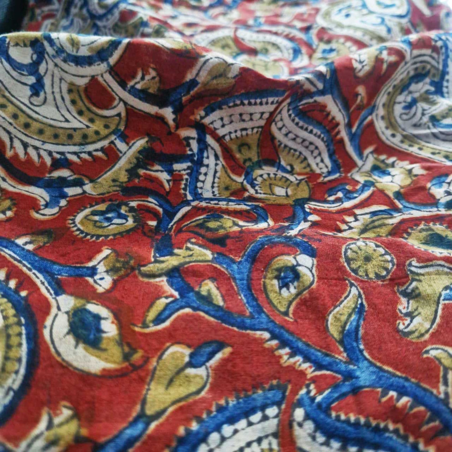 Natural Kalamkari Block Printed Pure Cotton Fabric – Terracotta & Indigo