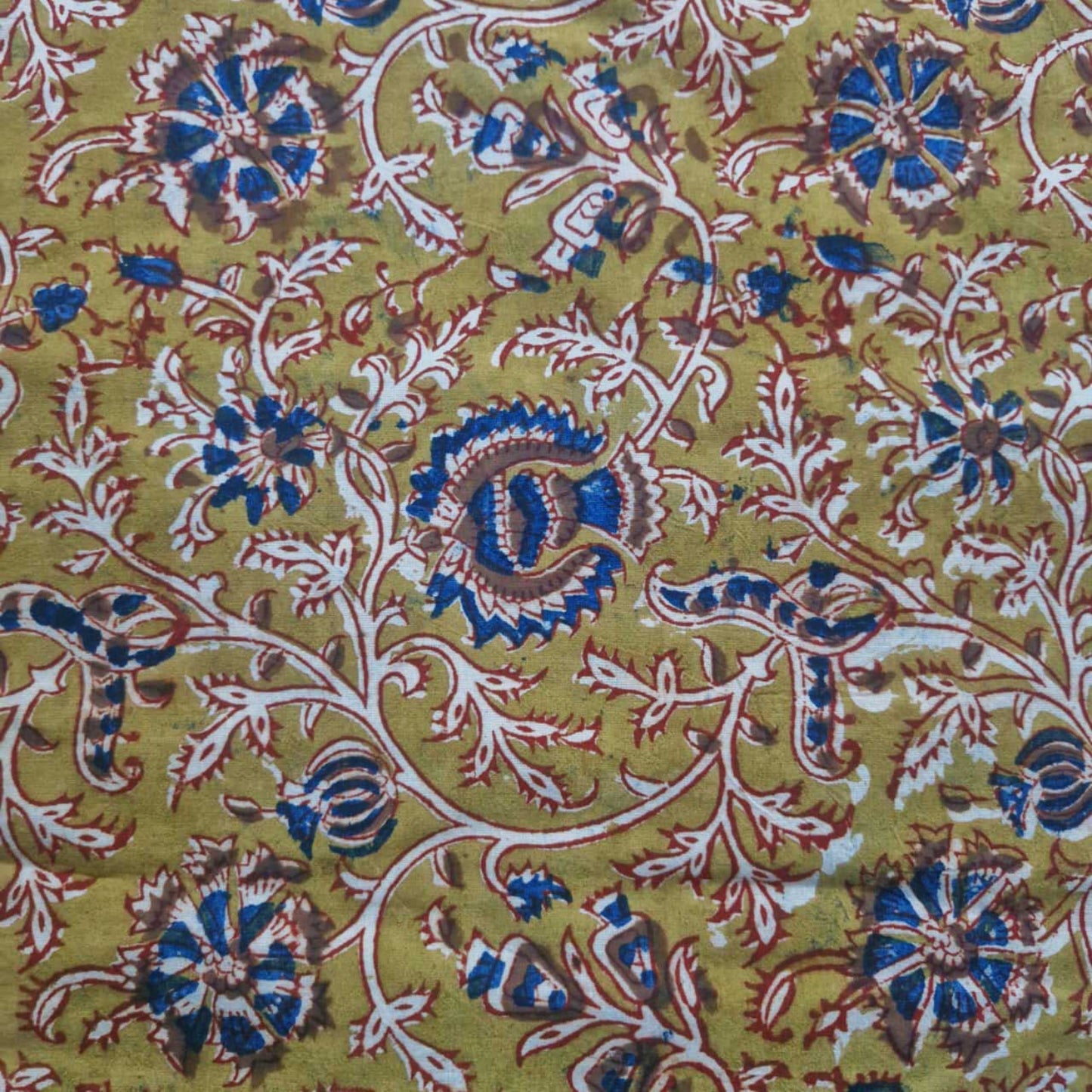 Natural Kalamkari Block Printed Pure Cotton Fabric – Terracotta & Indigo