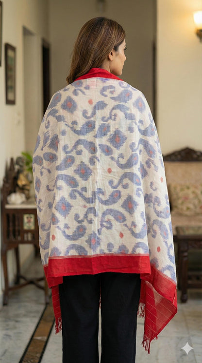 Handcrafted Pure Cotton Ikkat Stole in Crimson & Azure