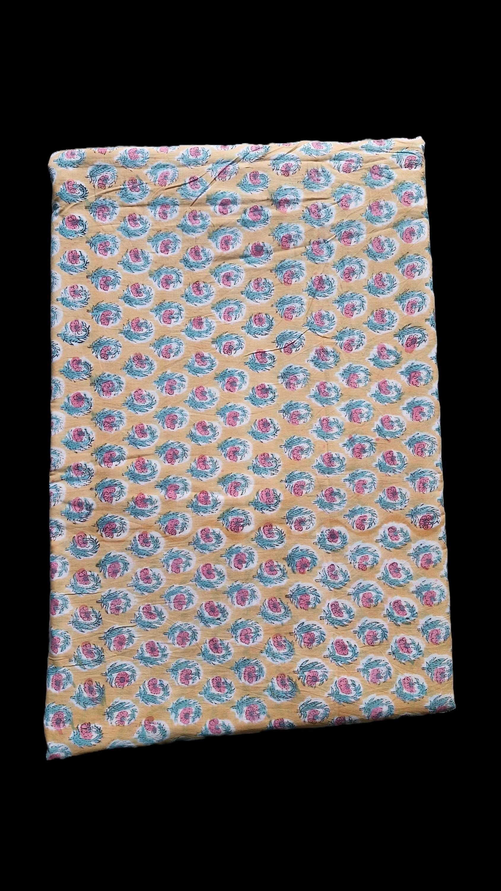 Handblock Floral Print Cotton Fabric – Blue Base with Pink & Green Botanical Motifs