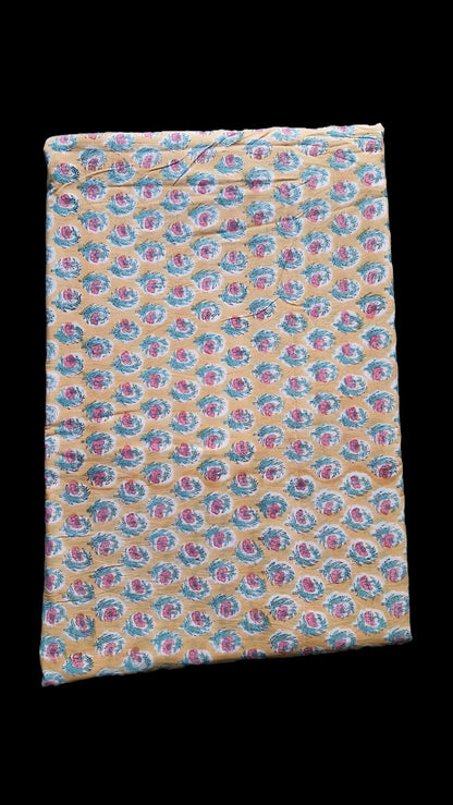 Handblock Floral Print Cotton Fabric – Blue Base with Pink & Green Botanical Motifs