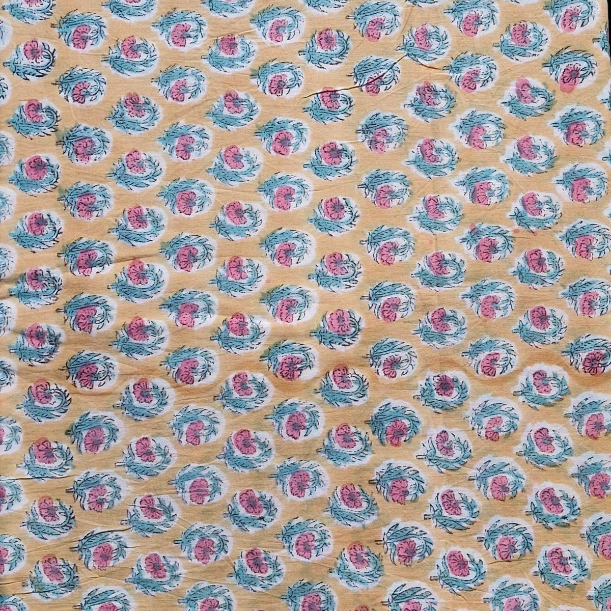 Handblock Floral Print Cotton Fabric – Blue Base with Pink & Green Botanical Motifs