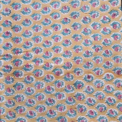 Handblock Floral Print Cotton Fabric – Blue Base with Pink & Green Botanical Motifs