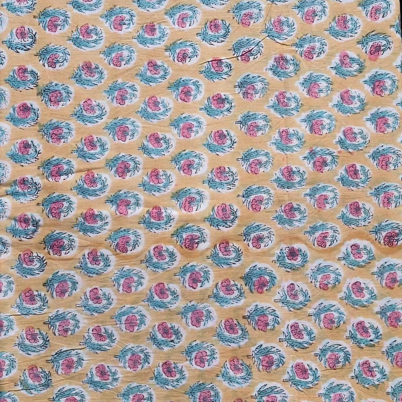 Handblock Floral Print Cotton Fabric – Blue Base with Pink & Green Botanical Motifs