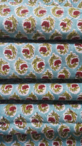 Aqua Blue Bagru Handblock Printed Cotton Fabric – Red Floral Jaal Pattern