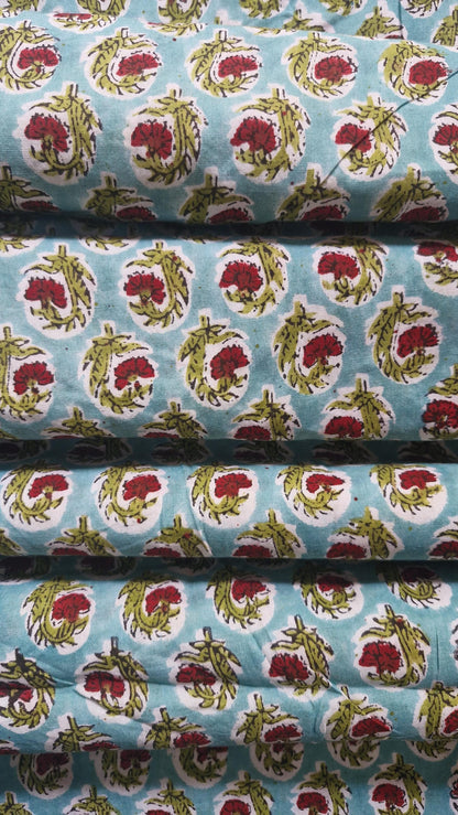Aqua Blue Sanganeri Handblock Printed Cotton Fabric – Red Floral Jaal Pattern