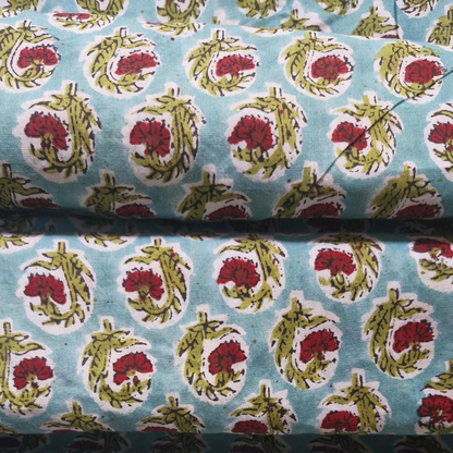 Aqua Blue Sanganeri Handblock Printed Cotton Fabric – Red Floral Jaal Pattern