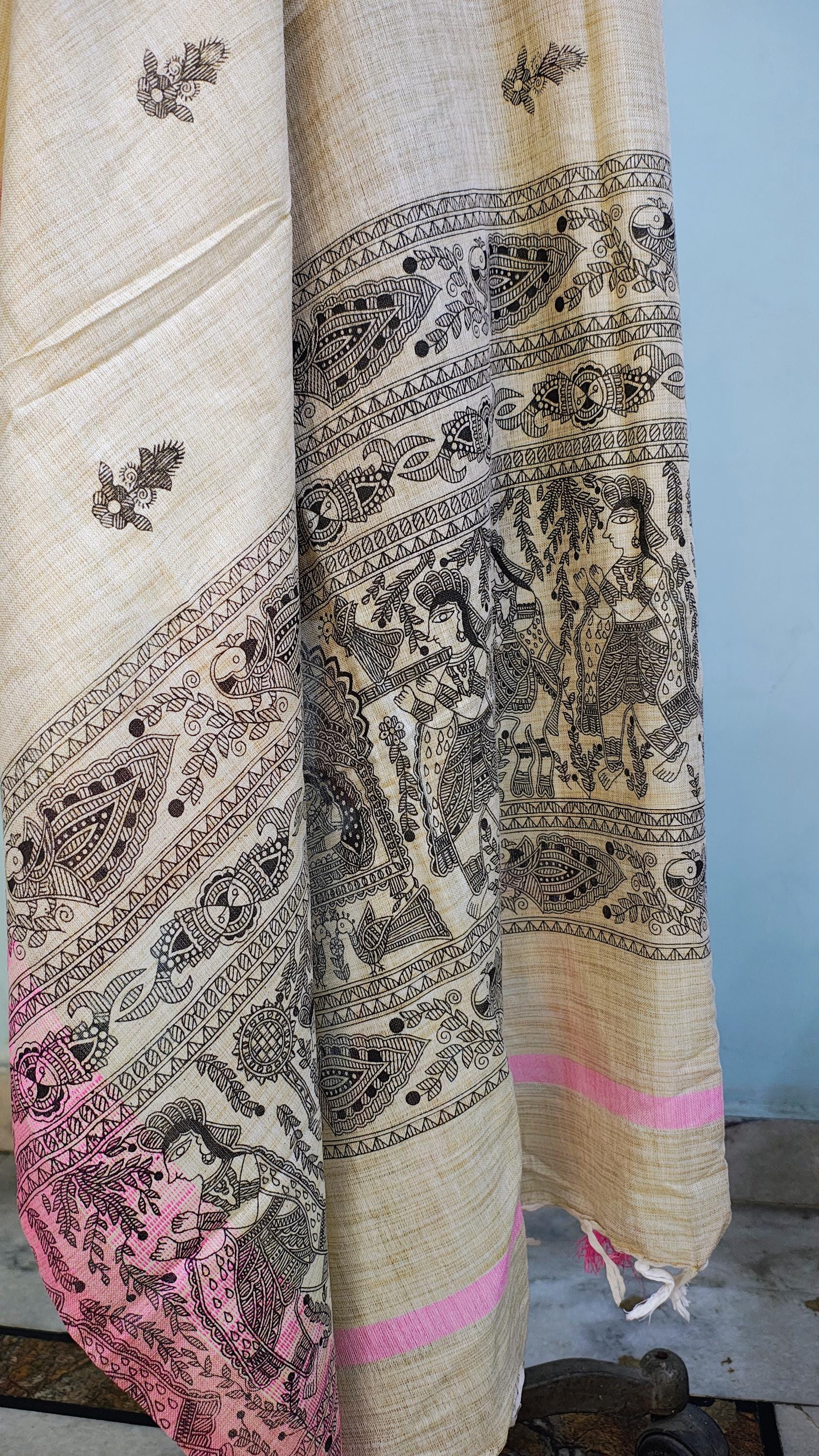 Hand Painted Madhubani Tussar Ghicha Silk Dupatta with Pink Border