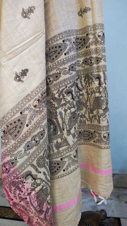 Hand Painted Madhubani Tussar Ghicha Silk Dupatta with Pink Border