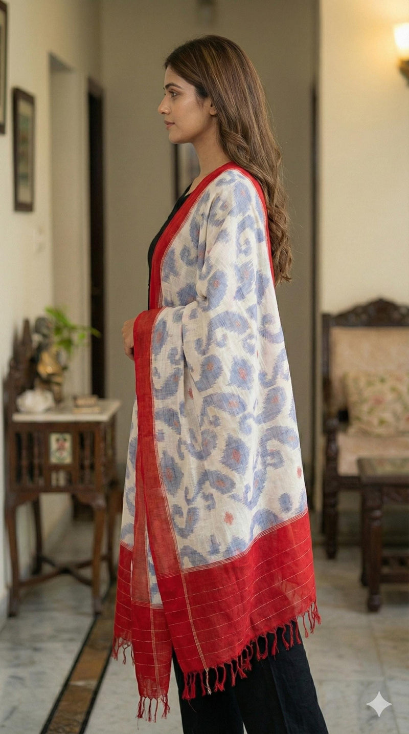 Handcrafted Pure Cotton Ikkat Stole in Crimson & Azure
