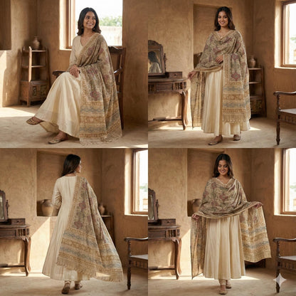 Golden Ochre Floral Vine Kalamkari Hand-Block Printed Cotton Dupatta