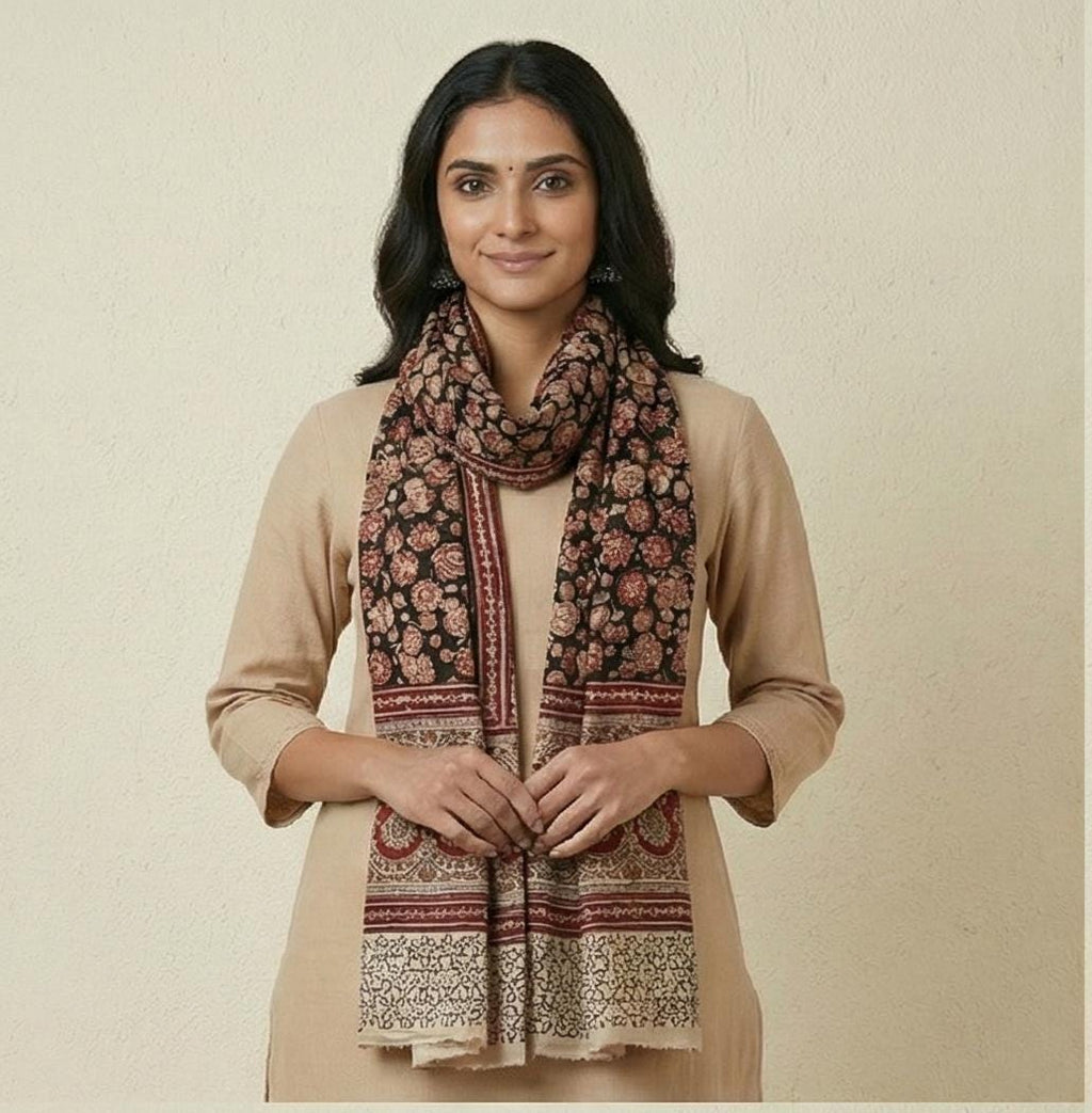 Midnight Bloom Kalamkari Stole - Black & Rust Hand Block Print (120 x 185 cm)