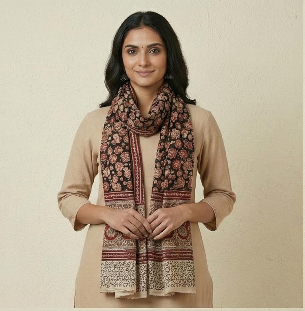Midnight Bloom Kalamkari Stole - Black & Rust Hand Block Print (120 x 185 cm)