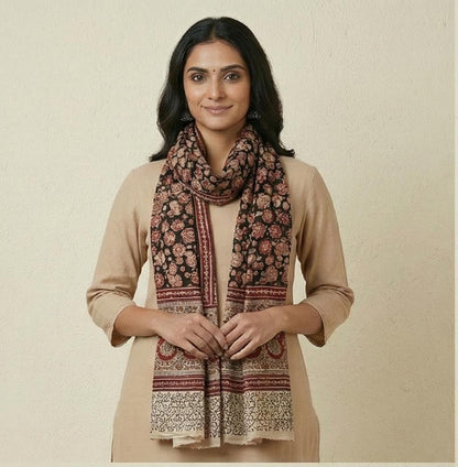 Midnight Bloom Kalamkari Stole - Black & Rust Hand Block Print (120 x 185 cm)