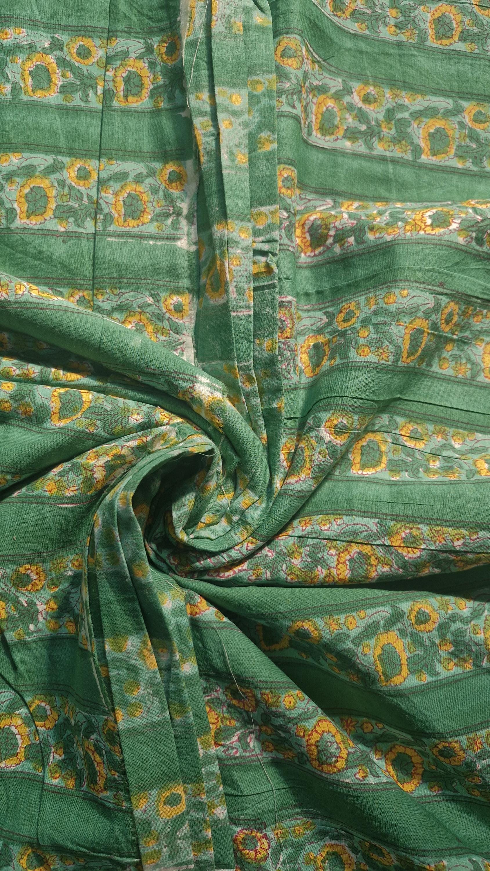 Handblock Printed Bagru Cotton Fabric – Green Floral Print Textile by the Yard