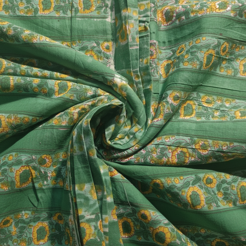Handblock Printed Sanganeri Cotton Fabric – Green Floral Print Textile by the Yard