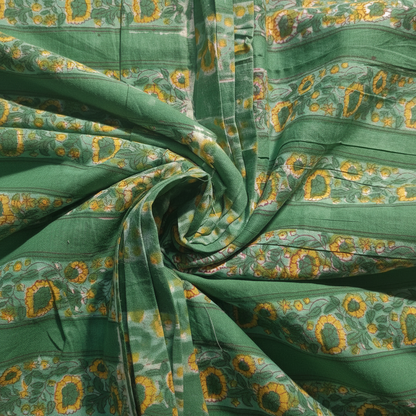 Handblock Printed Sanganeri Cotton Fabric – Green Floral Print Textile by the Yard