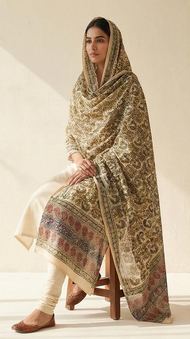 Golden Ochre Floral Vine Kalamkari Hand-Block Printed Cotton Dupatta