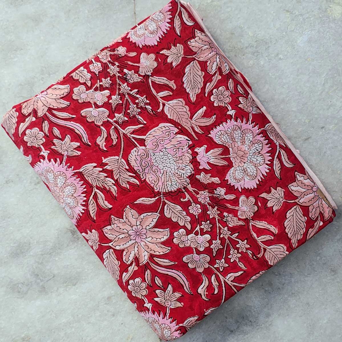 Handmade Bagru Print Textile –  Red Floral Print Cotton Material