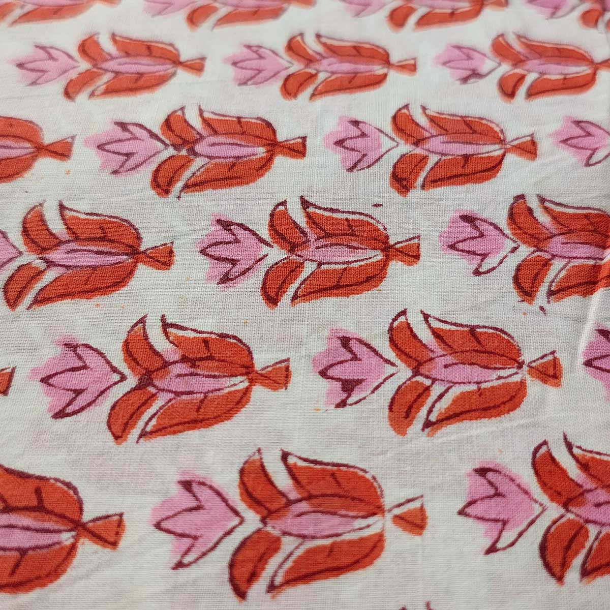 Handmade Bagru Print Textile – White And orange Floral Print Cotton Material