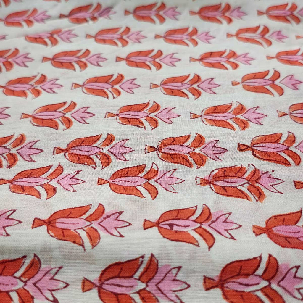 Handmade Bagru Print Textile – White And orange Floral Print Cotton Material