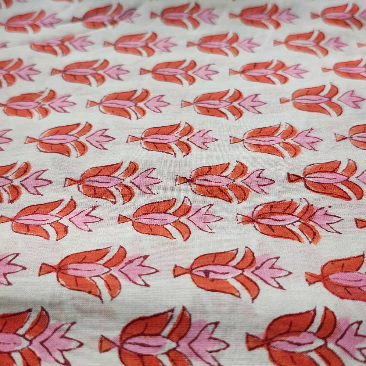Handmade Bagru Print Textile – White And orange Floral Print Cotton Material