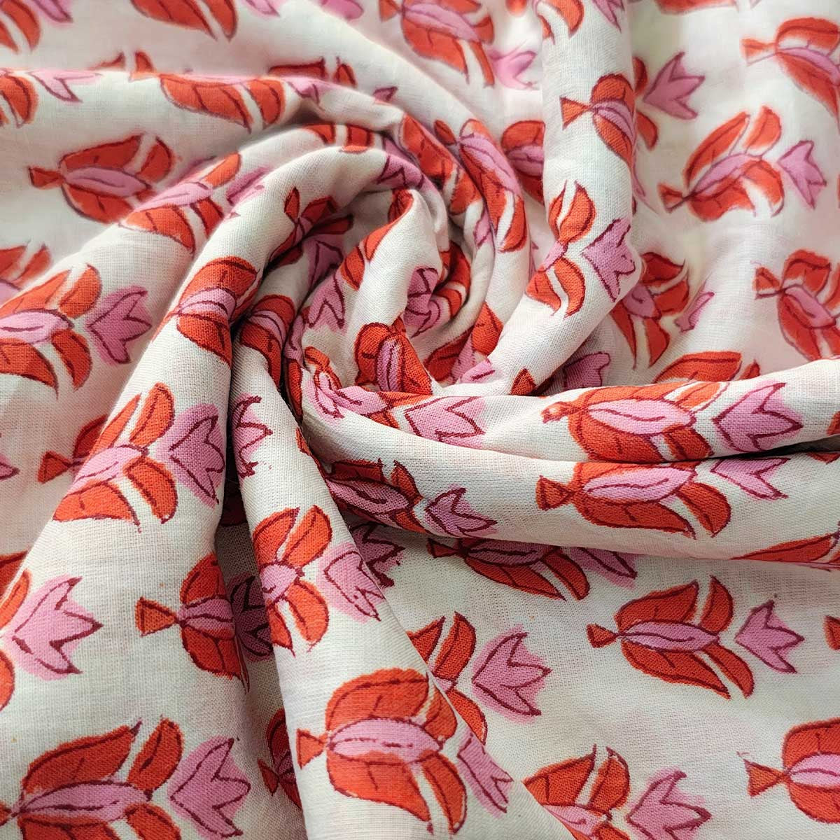 Sanganeri Hand Block Print Cotton Fabric – White And Orange Floral Print