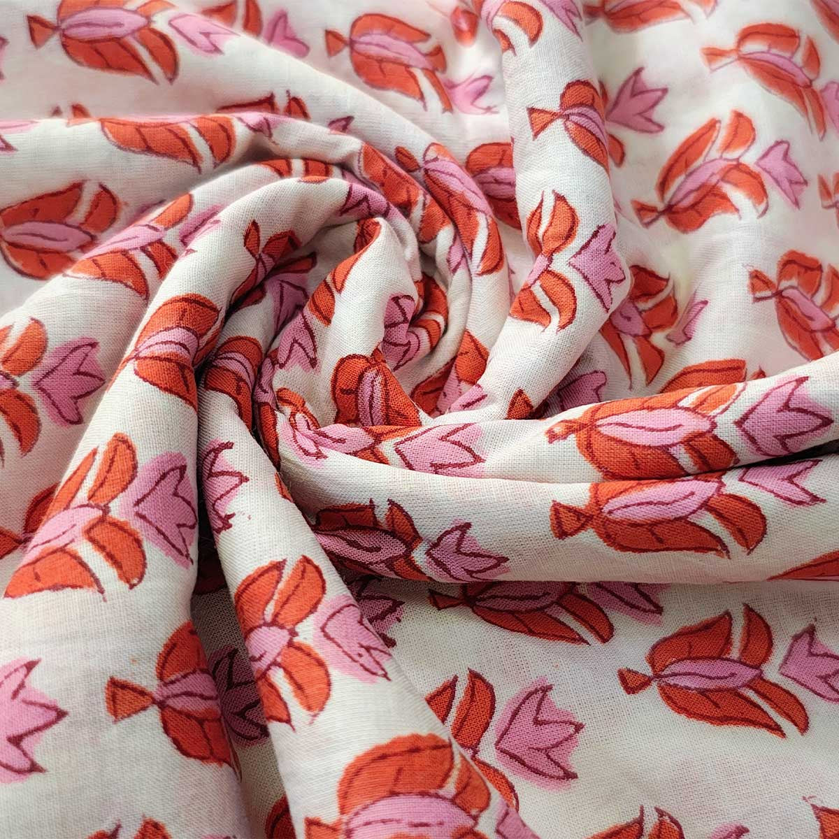 Sanganeri Hand Block Print Cotton Fabric – White And Orange Floral Print