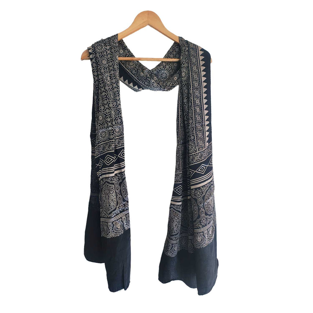 Ajrakh Hand Block Print Black Color Viscose Stole | Traditional Geometric Print | L220 X W55 cm