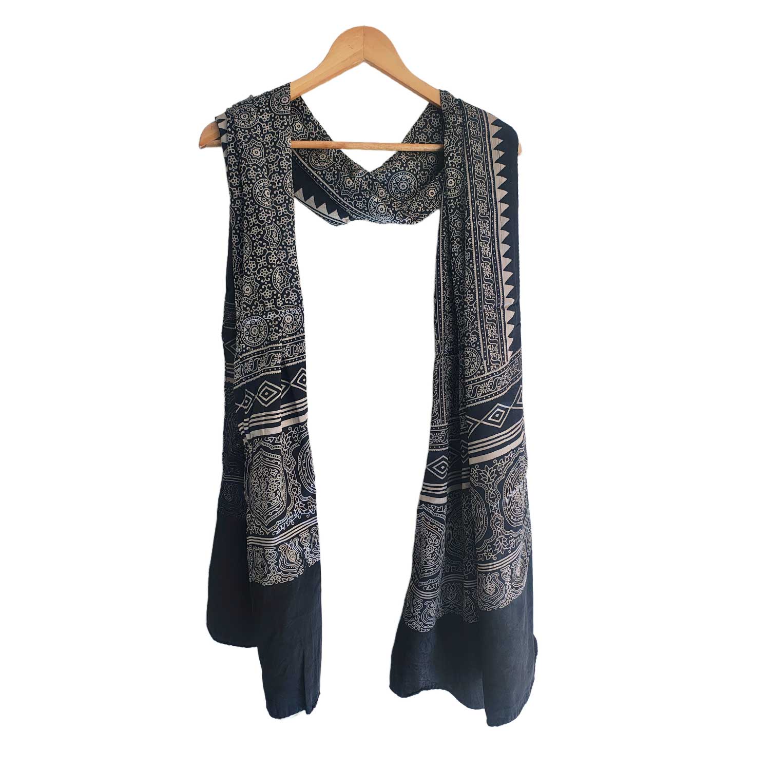 Ajrakh Hand Block Print Black Color Viscose Stole | Traditional Geometric Print | L220 X W55 cm