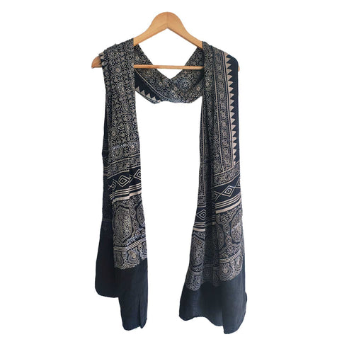 Ajrakh Hand Block Print Black Color Viscose Stole | Traditional Geometric Print | L220 X W55 cm
