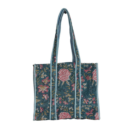 Handmade Block Print Cotton Quilted Tote Bag – Teal Floral