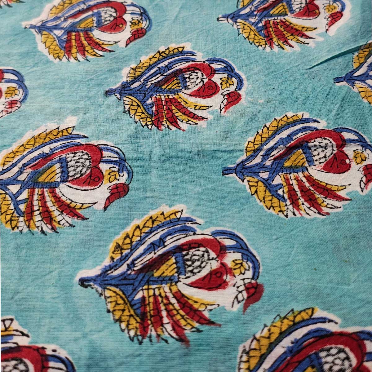 Handmade Bagru Print Textile –  Sky Blue Floral Print Cotton Material