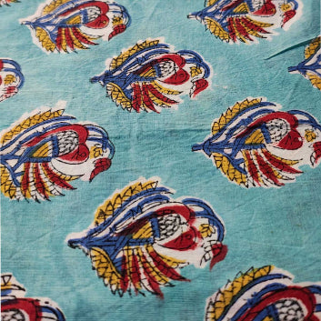 Handmade Bagru Print Textile –  Sky Blue Floral Print Cotton Material