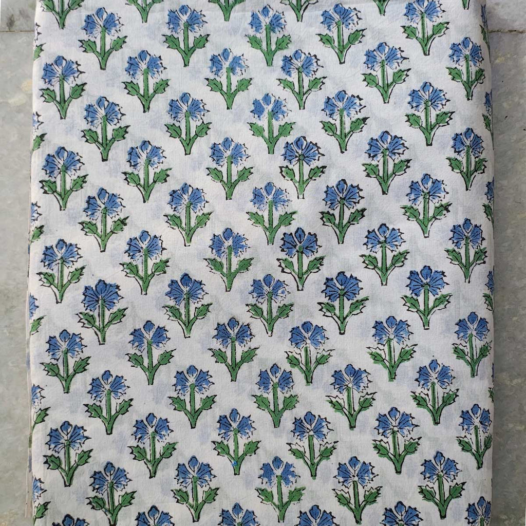 Sanganeri Hand Block Print Cotton Fabric – White And Blue Floral Print