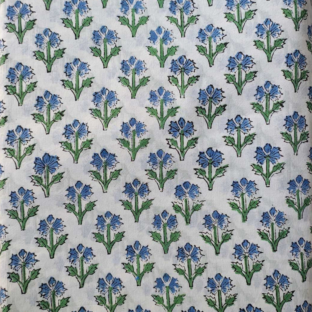 Sanganeri Hand Block Print Cotton Fabric – White And Blue Floral Print